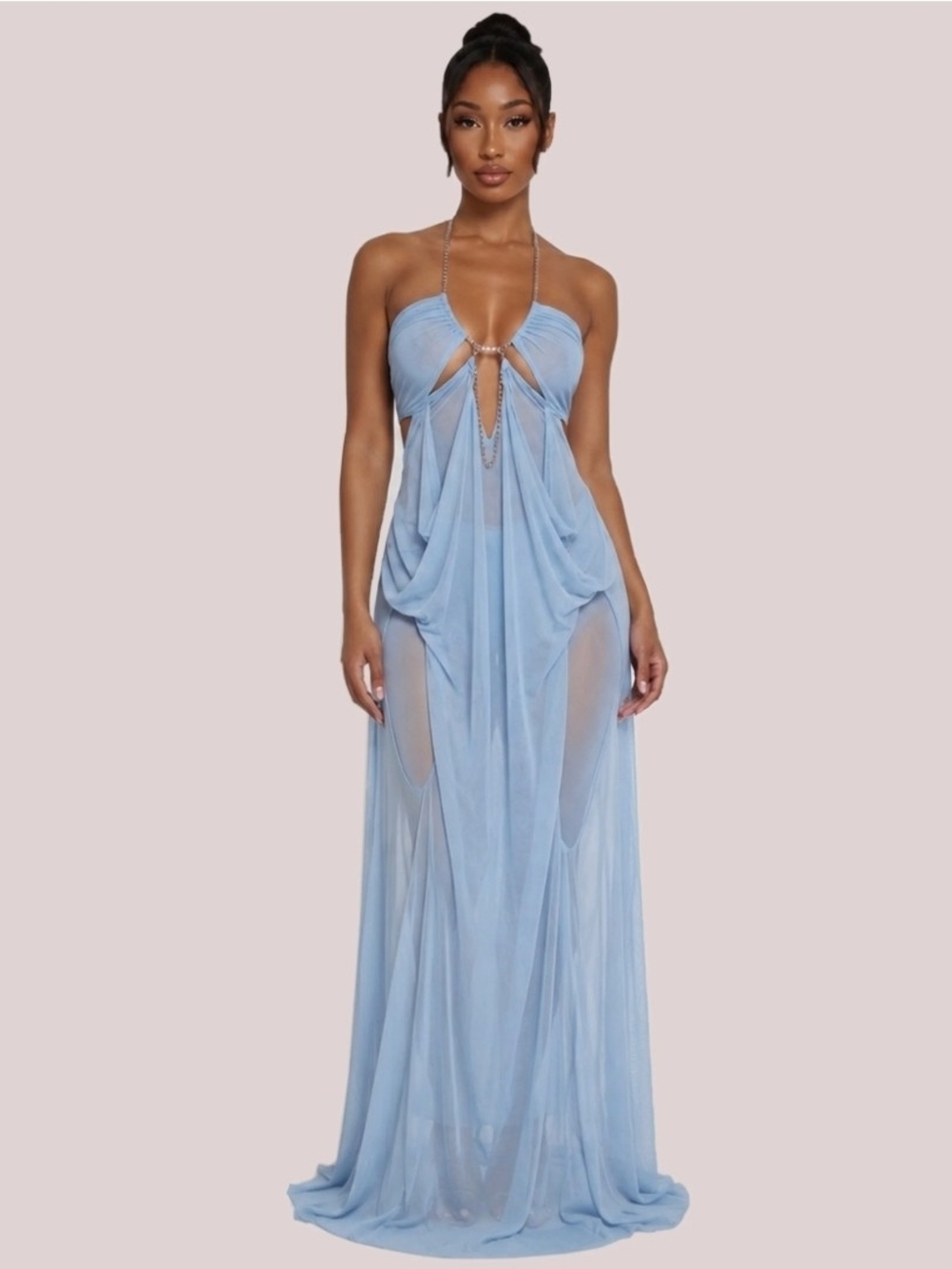 Sheer Light Blue Halter Maxi Dress with Draped Front